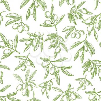 Olive fruit seamless pattern background. Sketched branches of olive tree with fruit and leaves seamless pattern for healthy food and agriculture harvest design