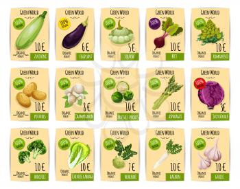 Vegetable price tag or label set. Broccoli, eggplant, potato, beet, cabbage, mushroom, garlic, zucchini, asparagus, radish, kohlrabi. Organic veggies product cards for market, food packaging design