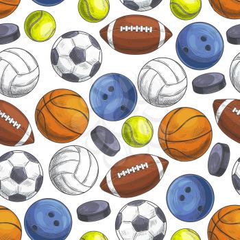 Sport balls seamless pattern. Vector pattern of color sketch icons of sports gaming balls for rugby, football, soccer, baseball, basketball, tennis, hockey puck, bowling, volleyball