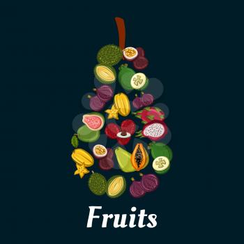 Pear fruit silhouette with exotic tropical papaya, passion fruit, feijoa, carambola, dragon fruit, fig, durian, lychee and guava flat icons. Fruit dessert, cocktail menu, juice packaging design