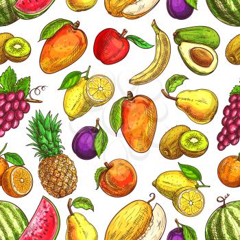 Fruit seamless pattern background of apple, orange, banana, plum, grape, lemon, peach, mango, pear, kiwi, watermelon, avocado, melon. Cartoon fruit pattern for food and drink design