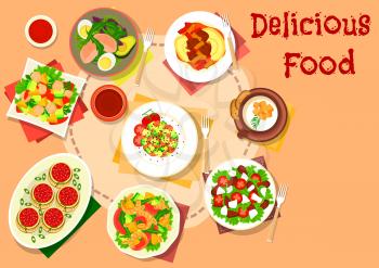 Snack and salad dishes icon with shrimp and fruit salad, stuffed pasta with tomato sauce, avocado salads with tuna, egg and pear, tomato feta salad, cauliflower cream soup and mashed potato with beef