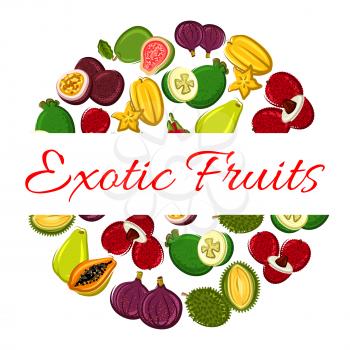 Exotic fruit circle poster. Tropical papaya, feijoa, carambola, passion fruit, lychee, dragon fruit, fig and durian. Food and drink label, tropical dessert and cocktail menu design