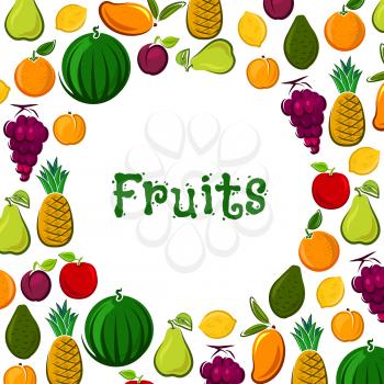 Fresh fruits harvest poster. Farm grown vector pear and apple with apricot and grape, exotic mango, kiwi and avocado, watermelon, tropical pineapple, lemon citrus, orange or tangerine and plum