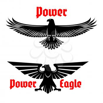 Black eagle vector icons set emblem. Heraldic symbol of power with vulture or falcon predatory bird. Isolated sign of hawk with open spread wings and sharp clutches for sport team mascot, military or 