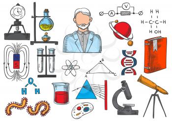 Science and research sketch icons of biology, mathematics, geometry, chemistry, physics vector items of atom and DNA, telescope, scientist book, magnet, chemical test flask and globe planet model, pri