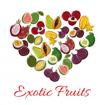 Fruit heart of exotic fruits with tropical fresh mango, grapefruit or red orange, passion fruit maracuya and feijoa, carambola and dragon fruit or pitaya, guava and juicy longan with figs and rambutan