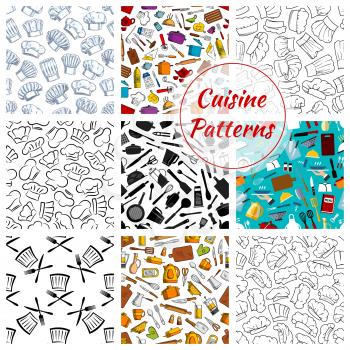 Kitchenware and dishware seamless pattern set of cuisine and cooking kitchen utensils of vector electric kettle or pot, chef hat toque, spatula ladle, knife and fork, grater and glove, cutting board, 