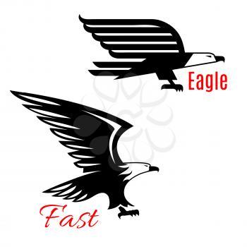 Black eagle vector icons set. Emblems of black flying falcons or hawks. Heraldic symbol of vulture of griffin predatory bird with open spread wings and sharp clutches for sport team mascot, military o