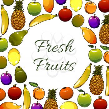 Fruit poster of farm fresh garden fruits apple, pear and plum, juicy citrus lemon, orange or tangerine and pomegranate, exotic pineapple and kiwi, tropical sweet banana and mango. Vector fresh organic