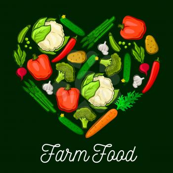 Farm vegetables and veggies heart poster of radish and carrot, potato and cucumber, cauliflower and broccoli cabbage, asparagus, garlic and green peas, chili and bell pepper. Vector vegetarian organic
