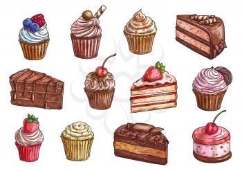 Cakes, cupcakes and pastry desserts vector sketch isolated icons of chocolate muffin, creamy pie or tarts with strawberry and cherry berry on whipped cream topping, vanilla waffle biscuit and cookies 