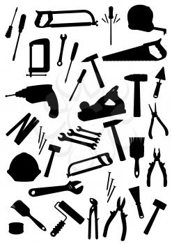 Repair, construction, building, carpentry work tools icons. Vector isolated working instruments saw or fretsaw, pliers and hammer, safety helmet hat, trowel and paint brush roll, nail puller with elec