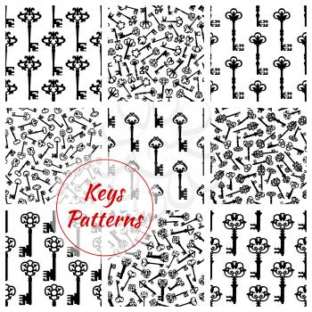 Key patterns set of keys from locks. Vector seamless background of antique, vintage and heraldic keys with ornate retro bows, forged flowery engravings