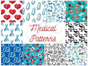 Medical seamless vector patterns set of medicine tools and medications syringe, heart pulse and DNA helix, test flask or dropper, brain and lungs organs, tooth, drug pills, dentistry items of toothpas