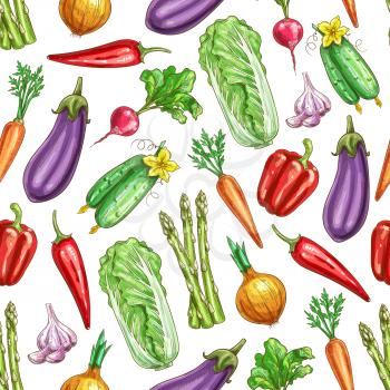 Vegetables pattern of of carrot, asparagus, chili and bell pepper, eggplant, cucumber, onion, garlic, chinese cabbage, radish. Vector seamless background with farm fresh organic ripe harvest veggies