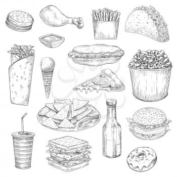 Fast Food sketch icons. Vector isolated hamburger sandwich, chicken leg and french fries, tacos, burrito or kebab. Junk food hot dog and ice cream, pizza and popcorn, nachos chips and ketchup, cheeseb