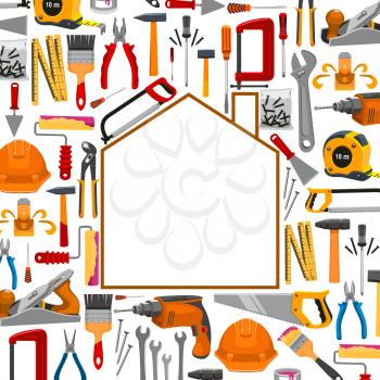 Repair, carpentry, building and home fix poster with vector work tools and working instruments plaster trowel and paint brush roll, tape measure ruler, drill, hammer and saw, spanner wrench and screwd
