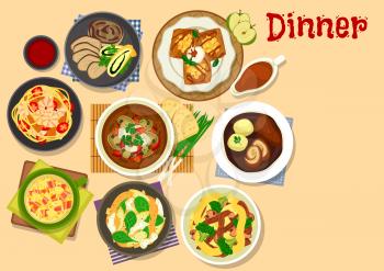 Healthy dinner icon of vegetable soup with bacon, beef roll with ham, noodles with meat, vegetable and fish, baked pork with mushroom strudel, tofu mushroom soup, pancake with apple and caramel