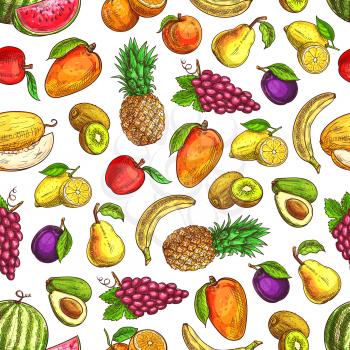 Fruits pattern. Seamless background of fresh tropical, exotic and citrus fruits of mango, lemon and grape, pineapple, banana, pear, watermelon and plum, kiwi and melon, avocado. Whole and sliced sketc