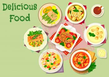 Vegetable and fish dishes icon of eggplant soups with chicken, tomato, bean and sausages, tuna tomato pasta, baked fish with vegetables and bean, salmon in wine sauce with asparagus