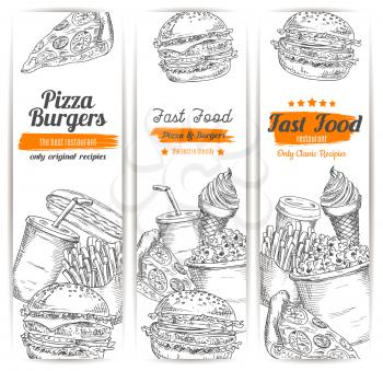 Fast food sketch. Banners set of cheeseburger, hot dog, french fries and pizza, hamburger and burger sandwich, sweet popcorn and ice cream dessert, coffee cup and soda drink. Vector design for fastfoo