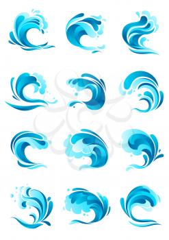 Waves vector isolated icons. Emblems set of ocean or sea blue waves, water splashes and wavy flows with surfing gales and tide water rollers, foamy stormy curls and stormy curling sea waves