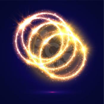 Golden light circles. Abstract lights and sparkling flashes Shiny rings with shimmering glitter particles with luminous glittering effect. Magic glowing circular star rays and beams