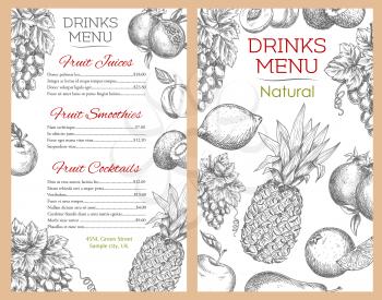 Drink menu for fruit drinks and juices, fruits smoothie and cocktails of natural healthy organic farm fruits apple, apricot and pear, tropical pineapple, orange and kiwi, citrus lemon with grape bunch