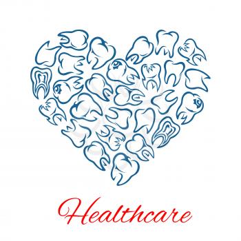 Heart of teeth. Dentistry and dental care poster of vector tooth for stomatology and odontology healthcare. Symbol of healthy white teeth for dentist, stomatologist clinic, health center or tooth past