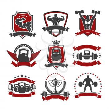 Weightlifting sport icons. Powerlifting gym vector isolated icons set of weightlifter athlete muscle torso and arm, iron weight barbell or dumbbell, winner cup award, laurel wreath, wings and crown. R