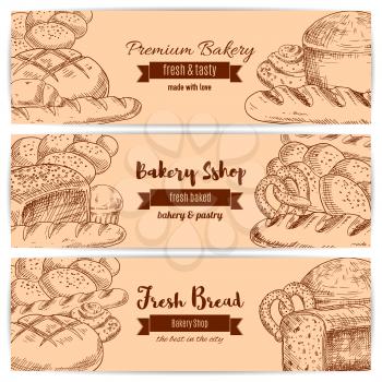 Bread and bakery banners. Set of sketch wheat bread bagel, rye loaf brick, white wheat toast bread, fresh baked pretzel and crunch pie, sweet sesame roll bun and croissant, braided bread and cupcake. 
