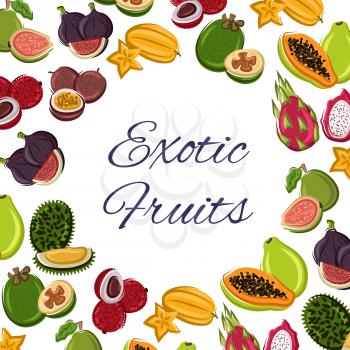 Tropical exotic fruit for food or fresh juice poster. Lychee or lichee, maracuya or passion fruit, papaya or figs, durian and pitaya or pitahaya, dragon plant, guava and sweet papaya. Vegetarian and h