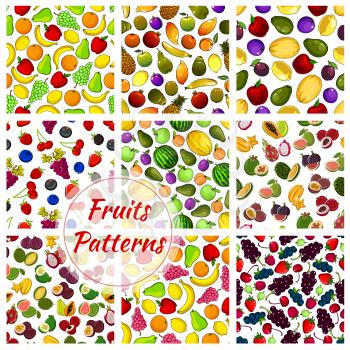 Set of farm vegetables and tropical fruit seamless pattern background. Pear and orange, banana and grapes, apple and lemon, kiwi and mango, plum and lychee, maracuya and fig, guava and strawberry. Veg
