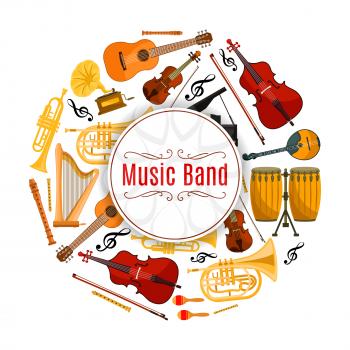 Musical instruments, sound or audio banner. Acoustic and electric guitar, violoncello or cello, violin and fiddle with fiddlestick or bow, trumpet and treble key. Melody and rhythm, song record and en