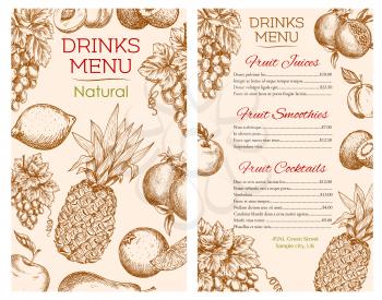 Drink menu sketch for fresh fruit juices, drinks, smoothie and cocktails of vector natural healthy organic farm fruits citrus lemon with grape bunch and juicy pomegranate, apple, apricot and pear, tro