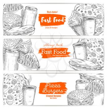 Fast food burgers, snadwiches, desserts, drinks. Vector sketch set of cheeseburger or hamburger, pizza and hot dog with sausage and french fries snack, sweet popcorn and ice cream, coffee or soda cup 