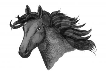 Horse head. Vector symbol of mustang or mare with waving mane for horse races or racing. Stallion sketch for equine animal riding contest or exhibition, equestrian horserace sport club