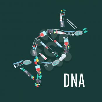 Surgery medicine poster with DNA symbol. Vector healthcare medical items and surgeon or therapist tools and instruments scalpel, scissors, crutch and gloves, operation table, human knee and hands X-ra