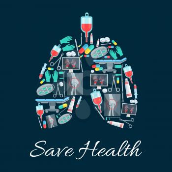 Medicine poster in shape of human lungs organ designed of medical instruments, pills and items. Save health vector healthcare surgeon scalpel and scissors, surgery operation table, X-ray of hand limbs