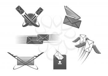 Mail or letter icons set. Vector emblem for post office or express postal delivery. Isolated symbol of envelope with wings and arrows, post box, world globe and flying plane or aircraft cargo. Interne
