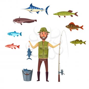 Fisherman with fishing rod and fish catch in bucket. Happy fisher man holding fish on hook. Sea or river isolated vector fishes of marlin, pike and salmon, trout, catfish and burbot, ruff, crucian car