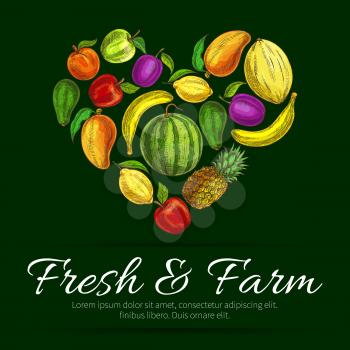 Heart of fresh fruits. Farm harvest of sketched apple and pear, apricot, peach, tropical pineapple with kiwi, banana, exotic mango and avocado, melon, orange, plum, lemon and grape with watermelon. Ve