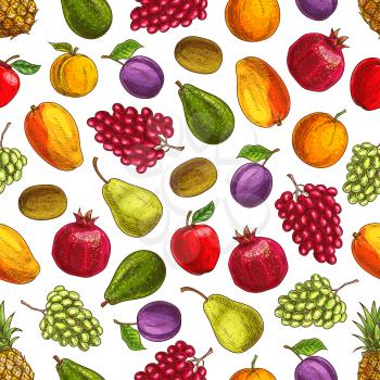 Summer harvest fruits seamless pattern. Vector decoration background element with garden and farm ripe fruit pattern of plum, mango, orange, pomegranate, kiwi, pear, apple, green and red grape bunches