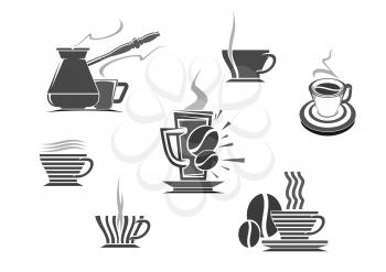 Coffee icons of vector isolated coffee cup and coffee makers turkish cezve and fench press. Hot espresso and creamy latte glass drinks, roasted coffee beans, coffee mill or grinder for cappuccino or m