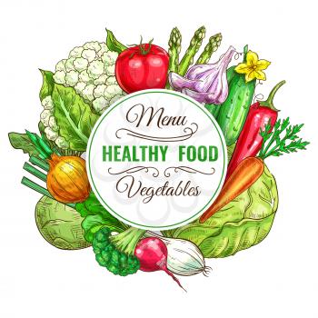 Vegetable and healthy food menu poster. Fresh carrot, tomato, pepper, onion, broccoli, cabbage, garlic, cucumber, asparagus, cauliflower, kohlrabi and radish. Vegetarian food, organic shop design