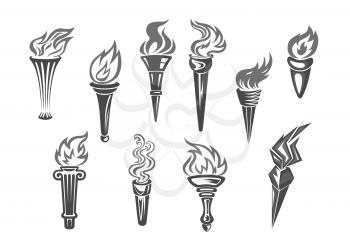 Olympic flame or fire torch icons. Vector set of isolated burning sport or contest torches flames. Symbols of relay race, competition victory, champion or winner and football sports or sportive games 