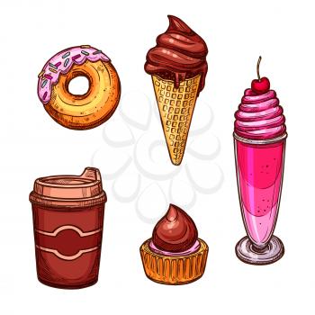 Bakery vector icons of sketched sweets and desserts. Chocolate milkshake with cherry and whipped cream, glazed caramel donut, ice cream in wafer cone, cupcake and coffee cup for cafeteria, cafe,baker 