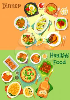 Main dishes for dinner icon set of fish pie, cutlet and casserole with vegetable and cheese, fried egg with veggies, baked pork, goose and pepper, vegetable and fish snack, carrot pancake, squid rings