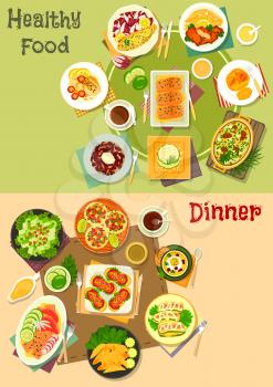 Main dishes with appetizers icon set with baked fish with vegetable and cream sauce, tuna, veggies, cheese and bean salad, meat tortilla roll, sausage sandwich, fish souffle, zucchini cheese casserole